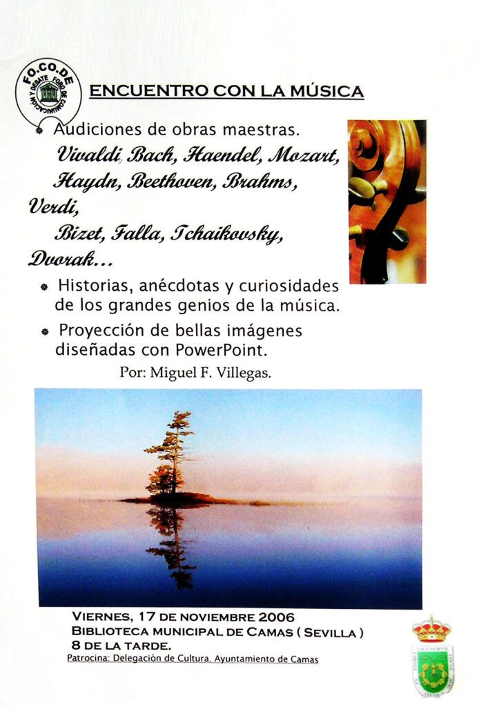 Cartel Encuentro con la música. Montaje audiovisual y audición de obras maestras.