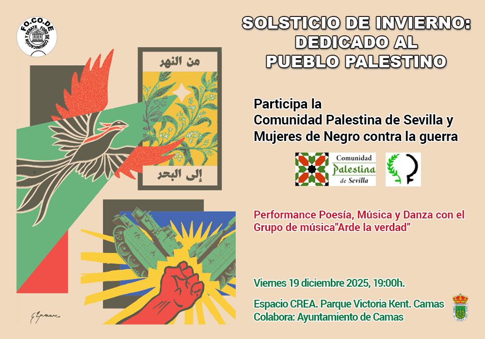 Cartel Solsticio de Invierno 2025: apoyo al pueblo palestino, con imagen de Ezequiel Barranco
