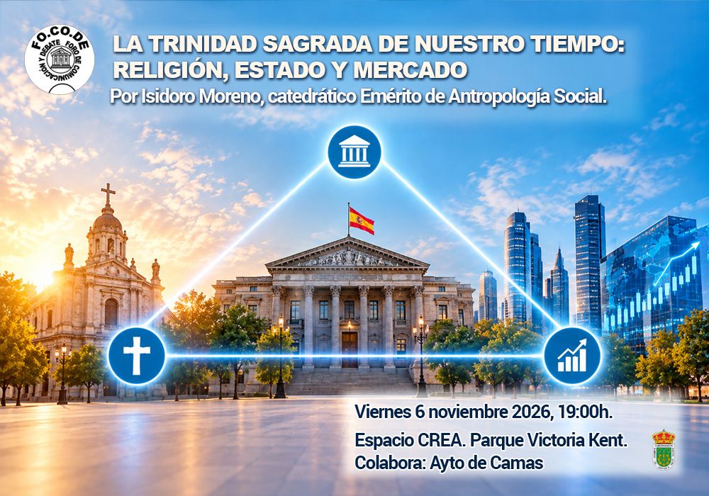 Cartel de la charla La trinidad sagrada de nuestro tiempo: Religión, estado y mercado.